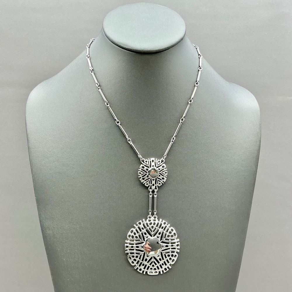 Pendant Necklace Women Silver Tone Filigree Double Medallion Boho Statement Deco